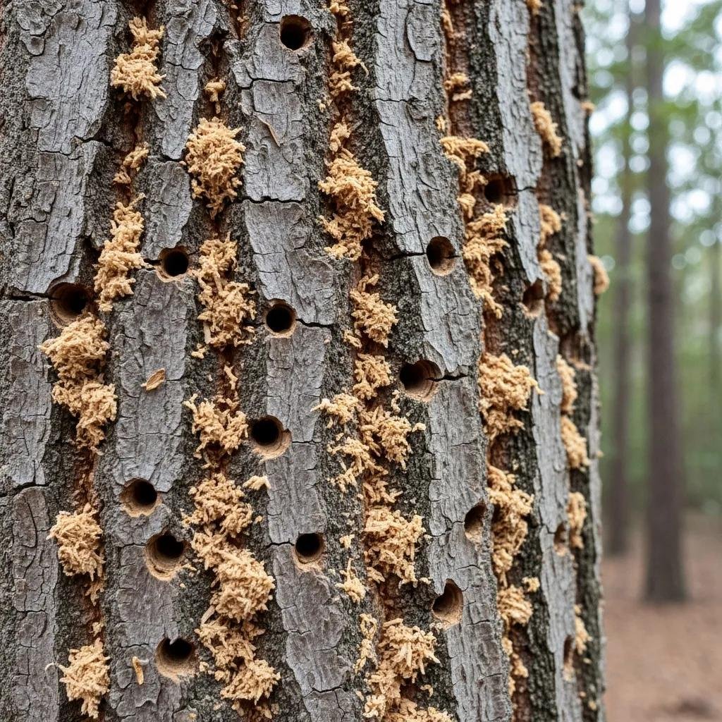 Close-up of tree trunk showing numerous small boreholes and frass, indicating infestation by redbay ambrosia beetle, a vector for laurel wilt disease.