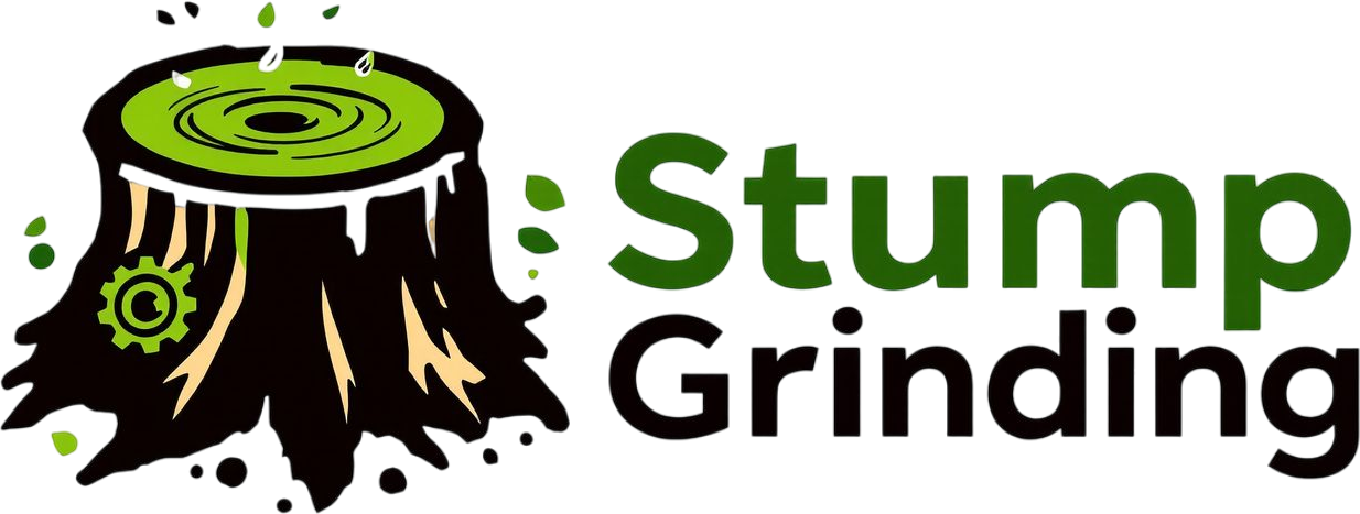 Stump grinding logo featuring a stylized tree stump with green rings and leaves, emphasizing professional stump removal services.
