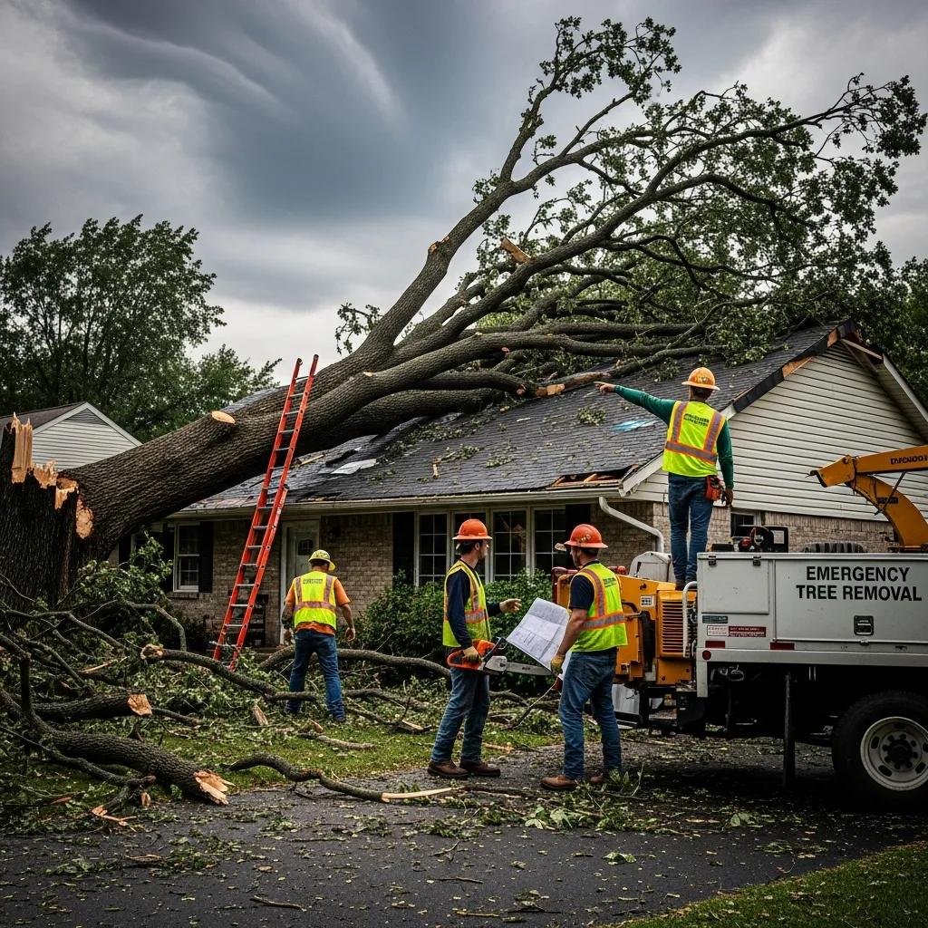 Emergency tree removal professionals assessing a fallen tree on a house after a storm, with specialized equipment and safety gear, highlighting the importance of prompt action and expertise in tree care.