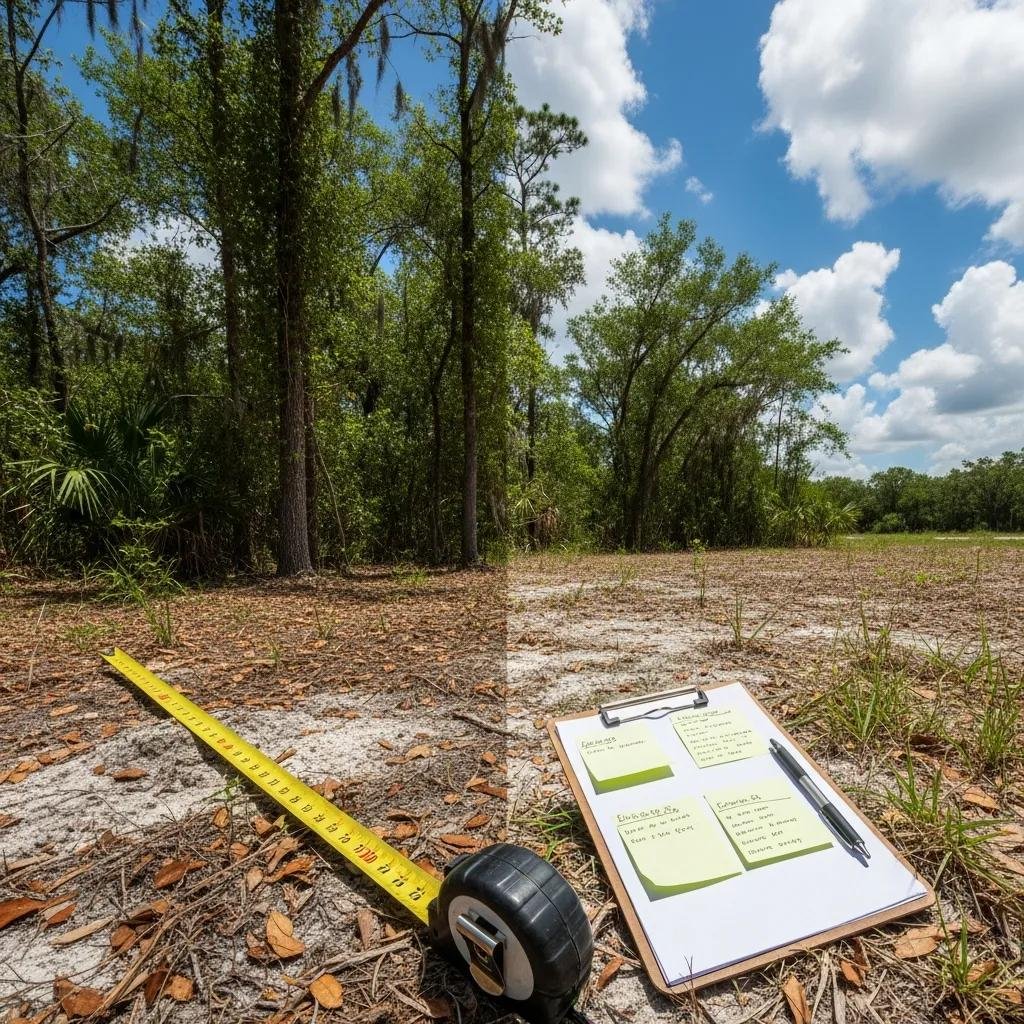 Measuring tape and clipboard with notes on a cleared land area in Central Florida, surrounded by trees and blue sky, illustrating land clearing planning and assessment.