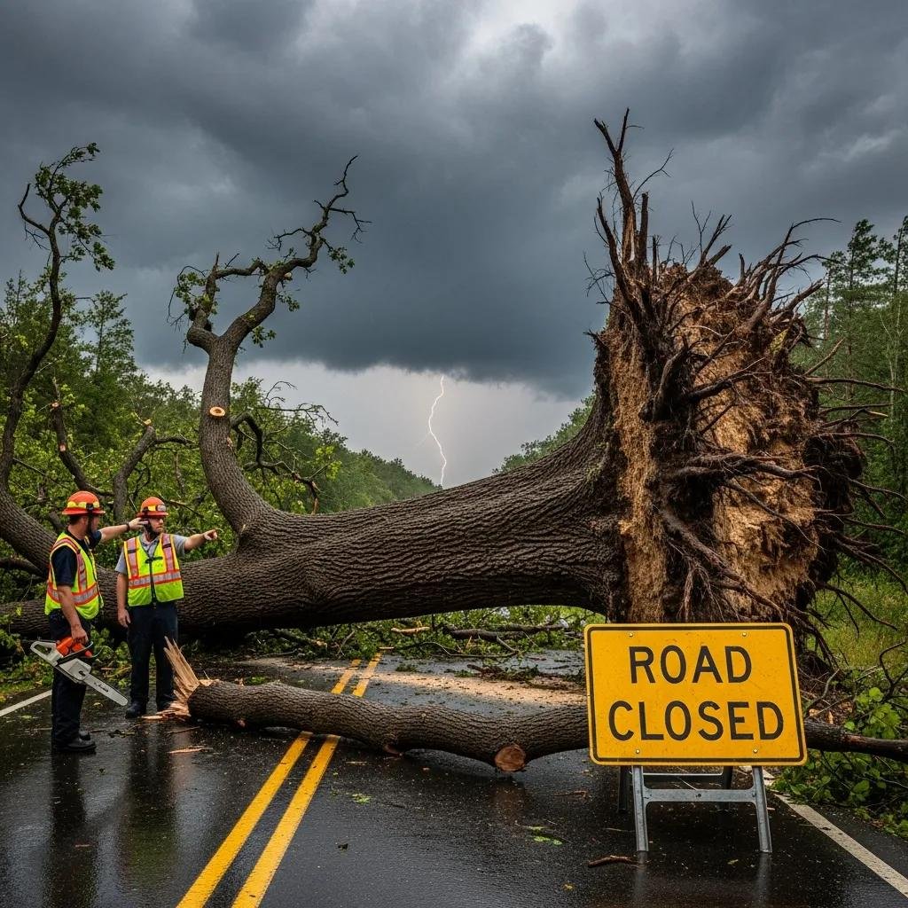 Fallen tree blocking road after storm, emergency responders assessing damage, road closed sign, dark storm clouds and lightning in background, highlighting need for urgent tree care services.