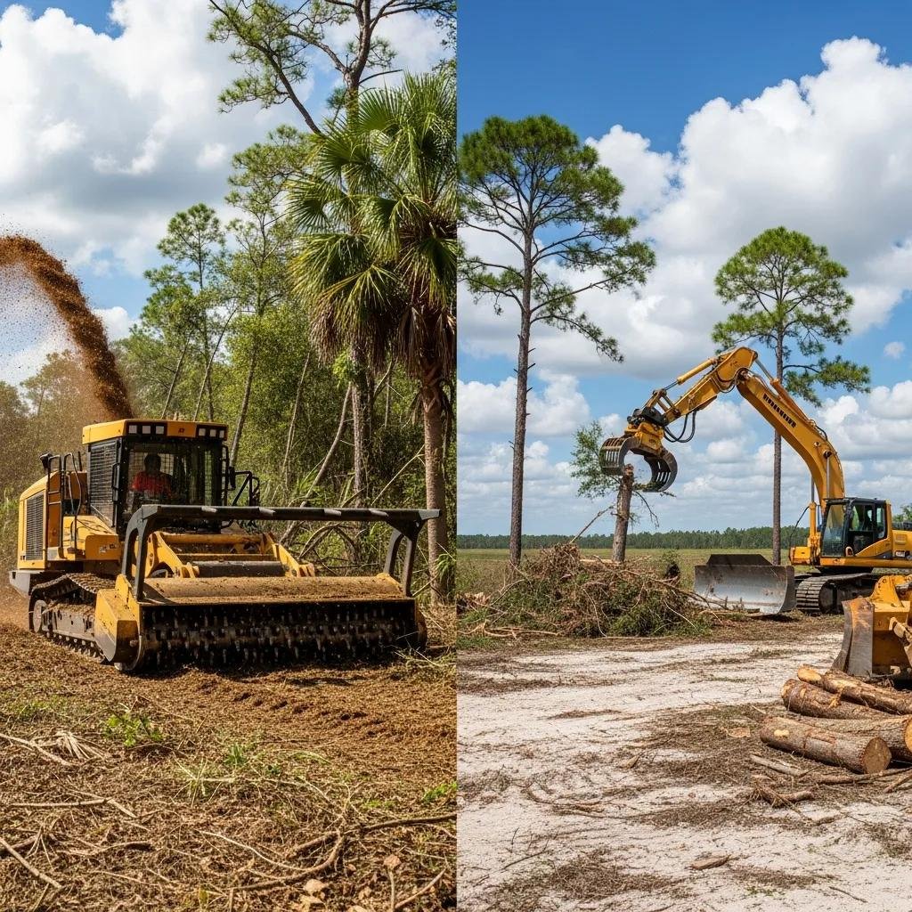 Forestry mulching machine grinding vegetation into mulch and heavy machinery removing trees and brush in land clearing process, demonstrating eco-friendly and traditional clearing methods in Central Florida.