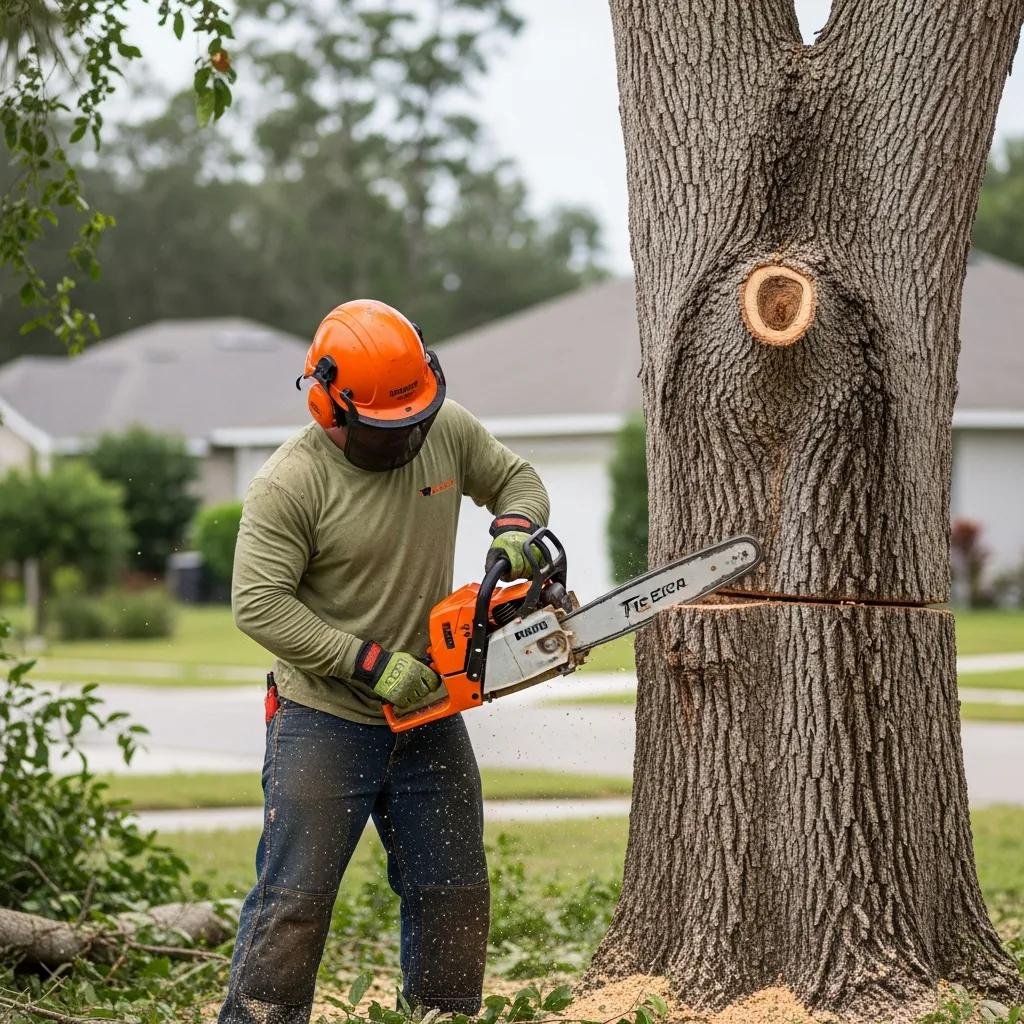 Professional tree removal service in Volusia County, worker using chainsaw to cut down an infected tree, preventing laurel wilt disease spread.