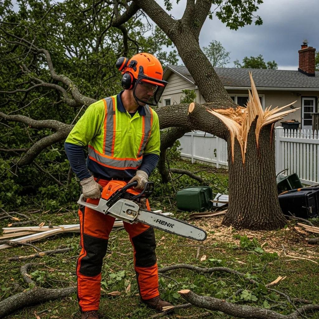 Tree removal expert using a chainsaw to assess and cut a fallen tree after a storm, surrounded by debris and damaged branches, emphasizing safety and efficiency in emergency cleanup.