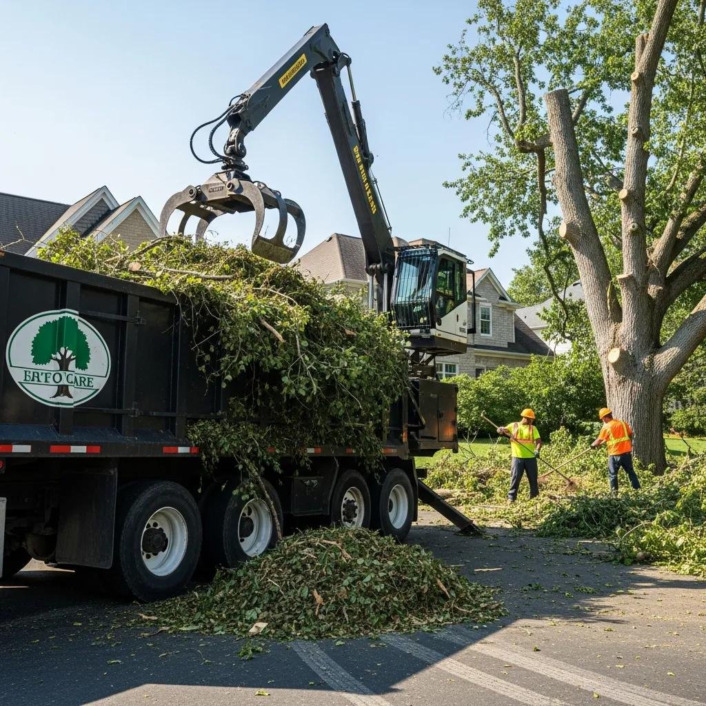 Truck hauling tree debris with crane attachment, workers in safety gear clearing branches, residential property setting, post-storm cleanup services.