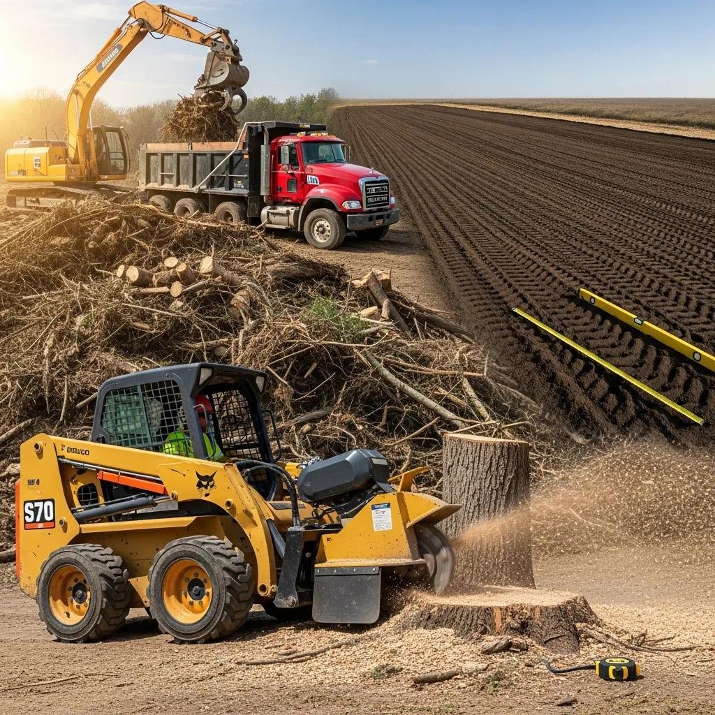 Heavy equipment in land clearing: Bobcat stump grinder removing tree stump, debris pile, dump truck loading vegetation, and leveled field in background.