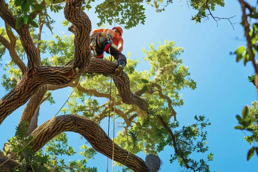 a vibrant scene of a tree service team meticulously pruning a majestic live oak under the brilliant florida sun, with lush greenery and a clear blue sky creating a striking contrast.